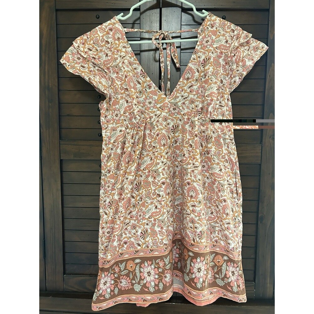 LOFT Beach Linen Blend Pink Floral Tie Back  Flutter Sleeve Dress Pockets Small